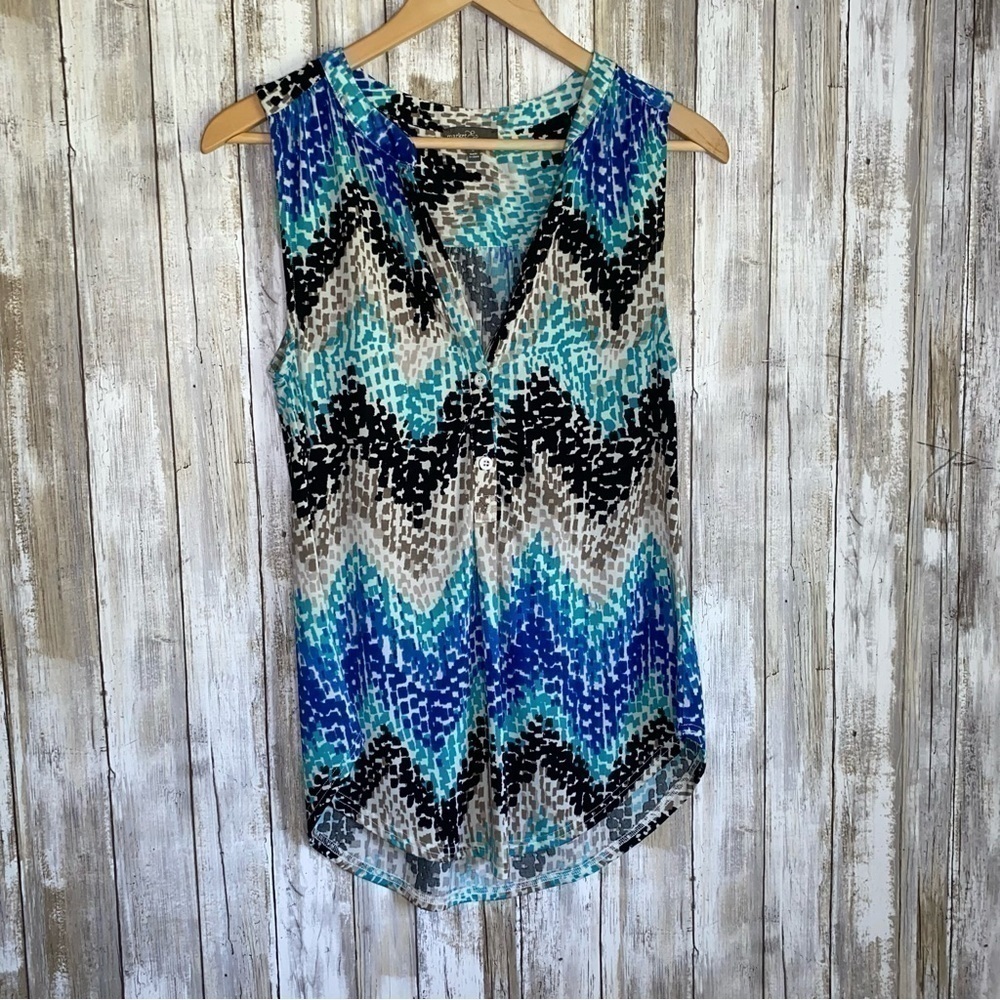Market & Spruce Blue & Grey Chevron Sleeveless Blouse